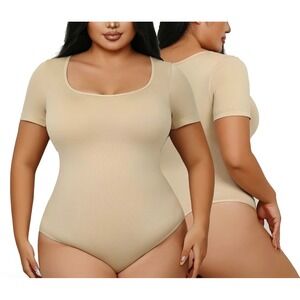 Plus Size Seamless Sculpting Shapewear Bodysuit Square Neck Short Sleeve Tummy